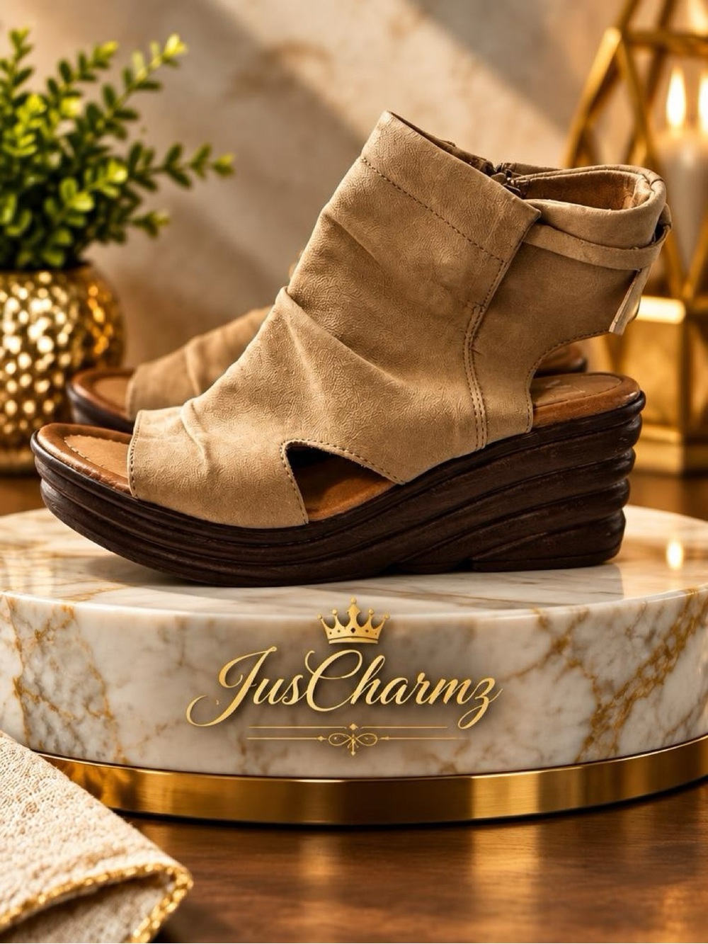 “Miz Mooz” Boho Tan Suede Peep Toe Wedge Sandals | Ruched Ankle Booties NWT⁠